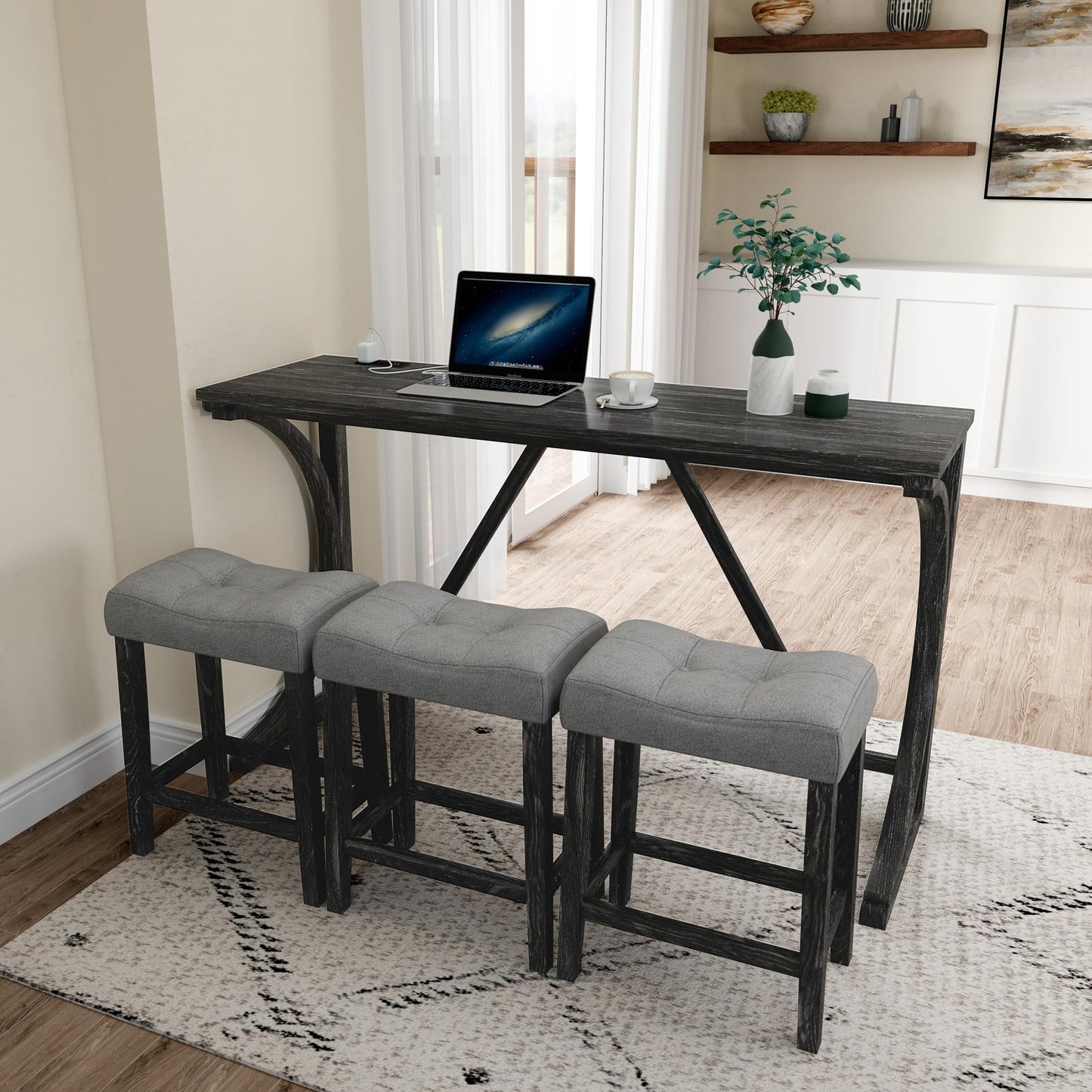 Holaki Industrial Bar Table and Chairs Set with USB Port - 4 Piece Grey and Black Console Table and Padded Stools - WoodArtSupply