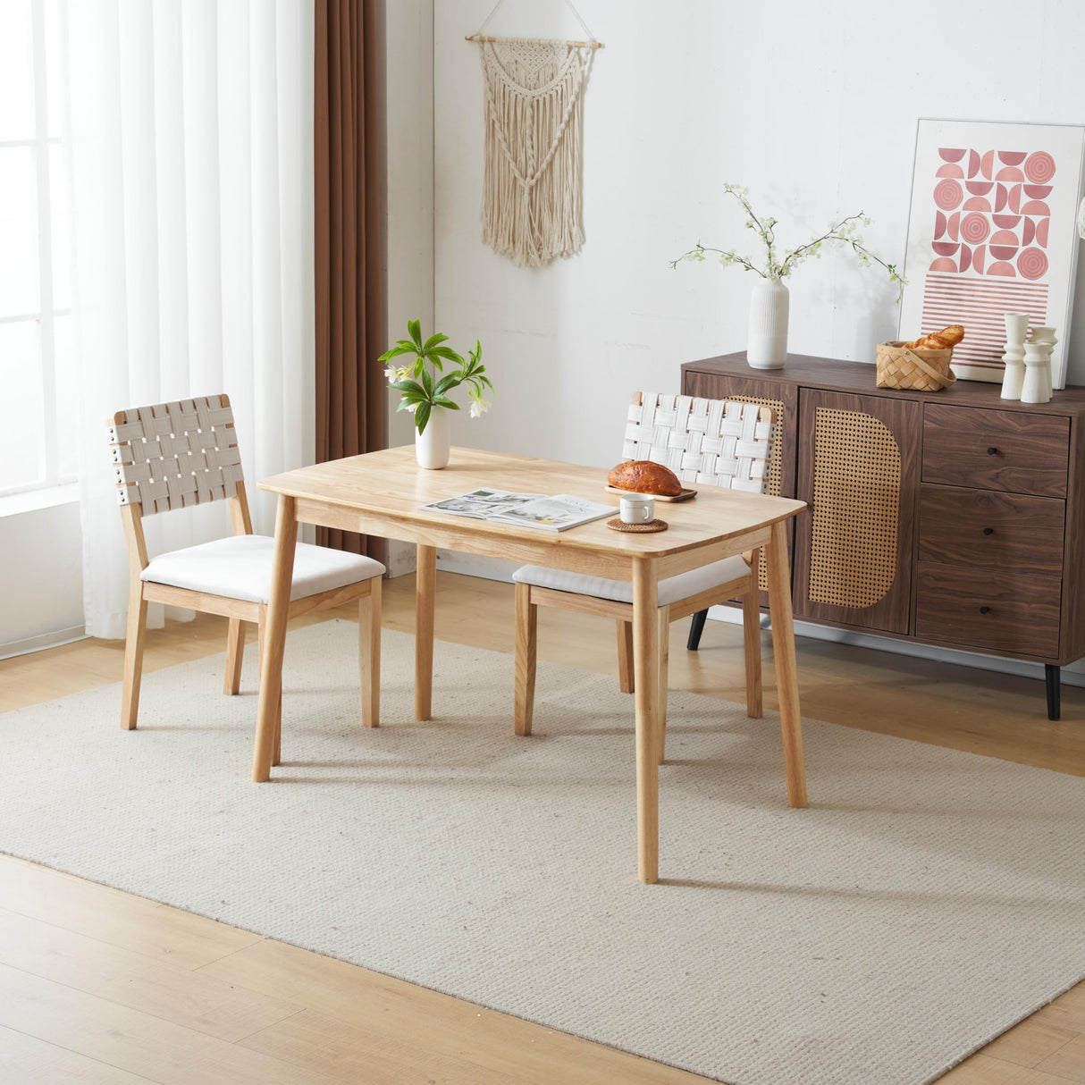 VINGLI Beige Woven Wooden Dining Chairs Set of 2,Armless Mid Century Modern Desk Chairs with Rivet&Foot Pegs,Upholstered Farmhouse Comfy Chair No Wheels for Dining Room,Living Room,Kitchen,Oak,Suede VINGLI