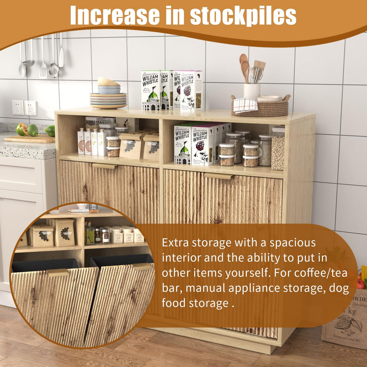 HSSZXFR 13 Gallon Trash Can Cabinet Wooden Fluted Furniture, Double Garbage Cabinet for Kitchens, Tilt Out Trash and Recycle Can Cabinet Combo Free Standing (Light Wood) HSSZXFR