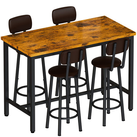 Lamerge Rustic Brown Industrial Dining Table Set for 4 with PU Upholstered Stools Lamerge