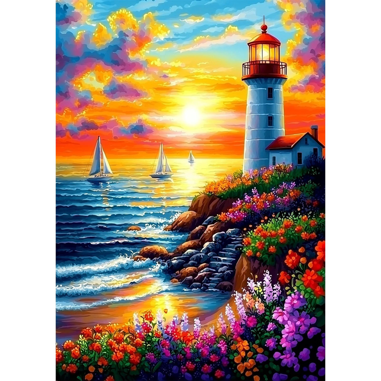 SENQAO Lighthouse Diamond Art Kits for Adults, Sunset Diamond Painting Kits for Beginners,Seaside Landscape Diamonds Pictures Gem Art for Adults Crafts Home Decor 12x16inch(Lighthouse,Waves, Flowers) SENQAO