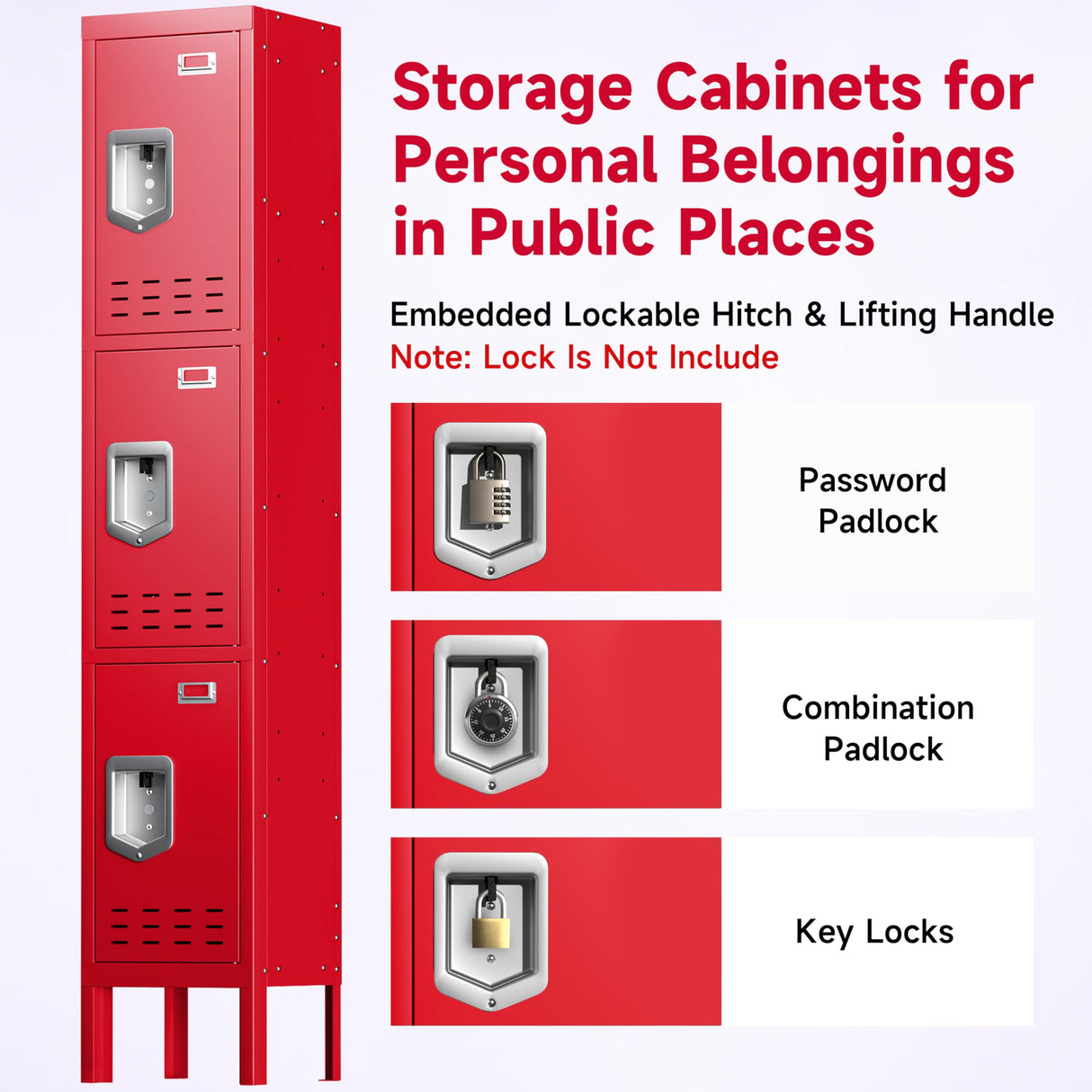 Locker Metal Storage Cabinet, Steel Office Storage Lockable Lockers for Employees Kids School Gym Home Garage Locker with Mirror & Hooks (3 Doors, Red) KAER