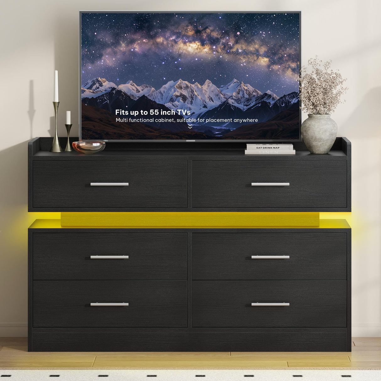 DWVO 6 Drawer Dresser with LED Light, Modern Dresser Chest of Drawers, Wide Drawer Organizer Cabinet with Top Storage Shelf, Black DWVO