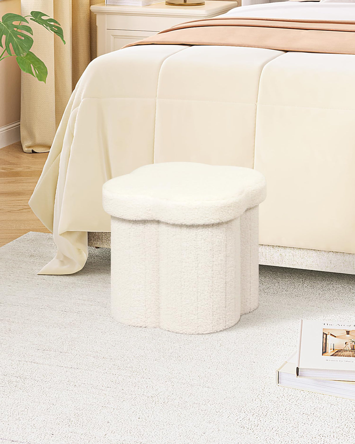 B FSOBEIIALEO Storage Ottoman Cube, Flowers Shaped Ottomans with Storage Foot Stool Footrest for Lving Room, Boucle Ottoman Seat for Dorm Room,Faux Teddy Fur, Cream White 12.6"x12.6"x12.6" B FSOBEIIALEO
