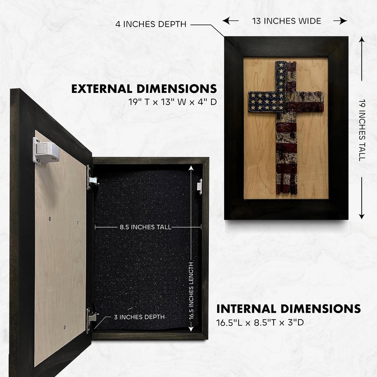 American Flag Cross Hidden Gun Shelf - Handcrafted Wall Mounted Gun Safe - Quick Access Concealment Shelf for Handguns - Hidden Gun Storage Wall Decor with Magnetic Lock By Bellewood Designs Bellewood Designs