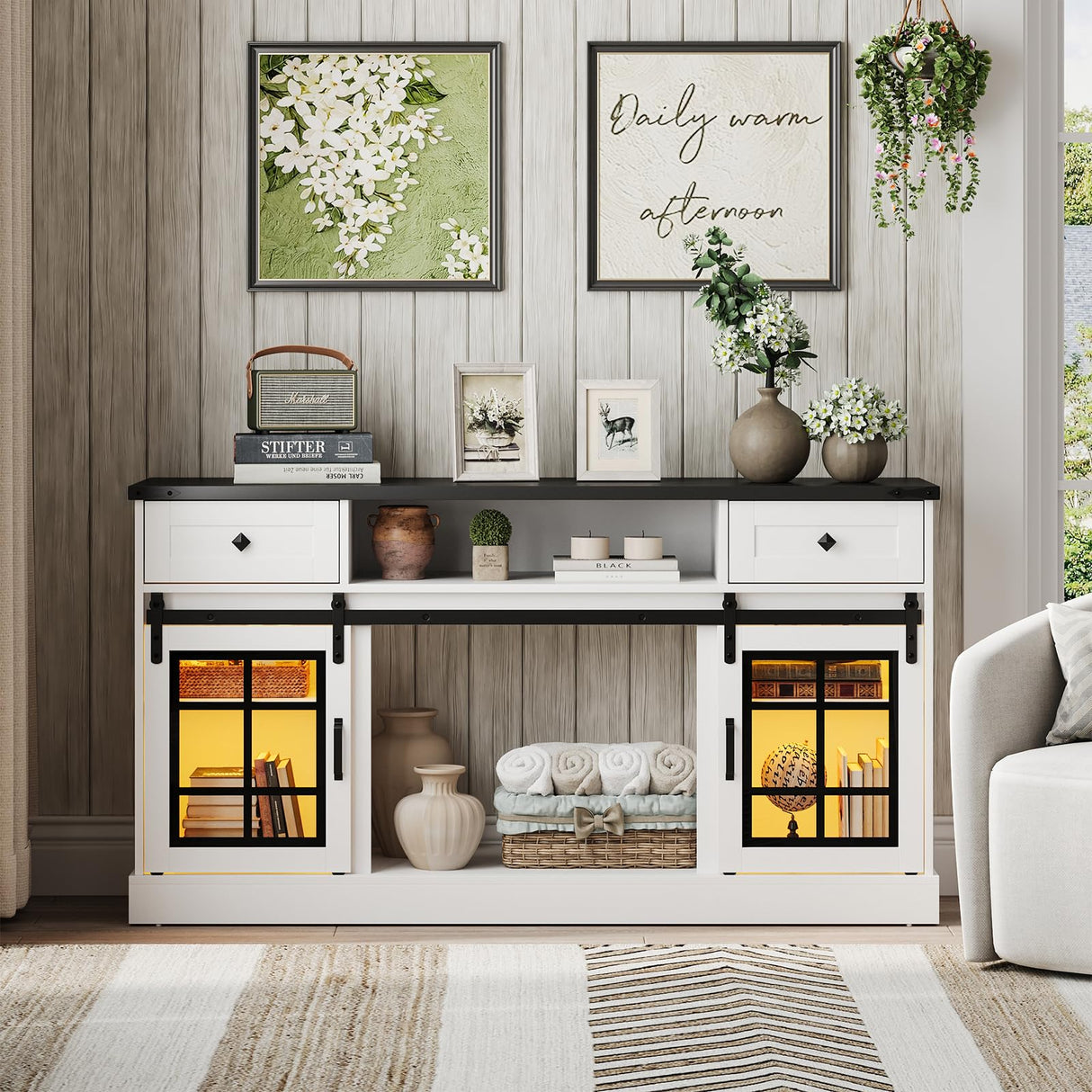 Maupvit TV Stand for Televisions 65 Inch with Sliding Barn Doors, Media Entertainment Center Storage Cabinet, Adjustable Led Light Modern Table, White Maupvit