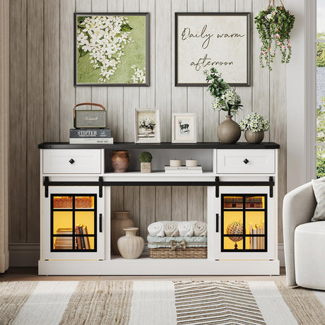 Maupvit TV Stand for Televisions 65 Inch with Sliding Barn Doors, Media Entertainment Center Storage Cabinet, Adjustable Led Light Modern Table, White Maupvit