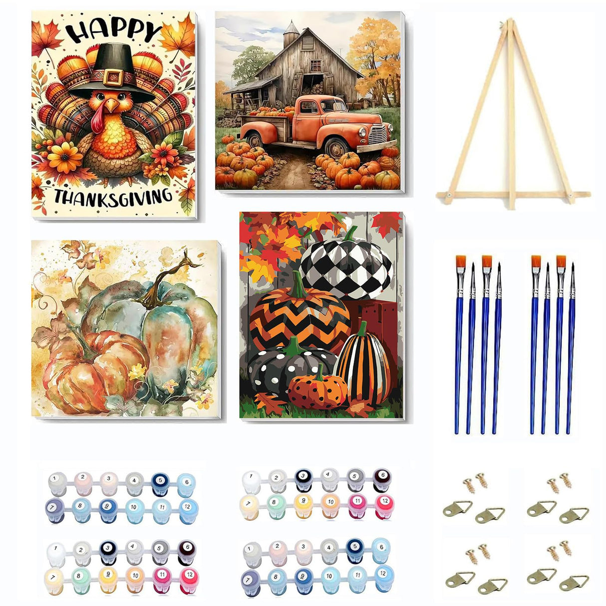 4 Pack Fall Pumpkin Paint by Numbers Kit for Adults Beginner with Frame,Thanksgiving Paint by Number with Wooden Easel DIY Adult Paint by Number Kits for Home Decor 10x10-9x12inch Kaixine