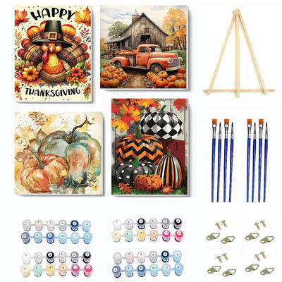 4 Pack Fall Pumpkin Paint by Numbers Kit for Adults Beginner with Frame,Thanksgiving Paint by Number with Wooden Easel DIY Adult Paint by Number Kits for Home Decor 10x10-9x12inch