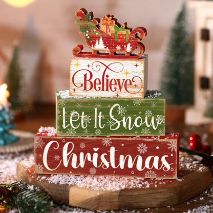 Moucuny 4 Pcs Christmas Sled Table Decor Wooden Block Sign Christmas Tiered Tray Decor Believe Let It Snow Christmas Wood Decor Christmas Centerpieces Farmhouse Wooden Block for Christmas Home