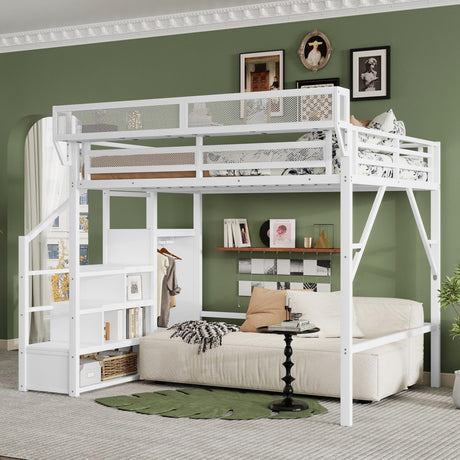 Mirightone Queen Size Loft Bed with Stairs and Storage, Metal Loft Bed Frame with Bedside Shelf and Large Under-Bed Space, Heavy-Duty Loft Beds for Adults Teens and Kids, White Mirightone