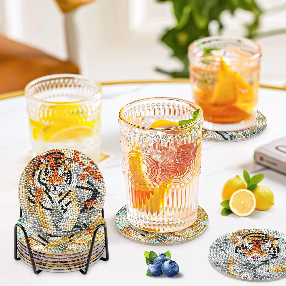 GHHKUD 6pcs Tiger Diamond Painting Coasters, DIY Life Coasters Animals Diamond Art Kits for Adults Kids, Full Drill 5D with Holder Cork Pad for Home GHHKUD