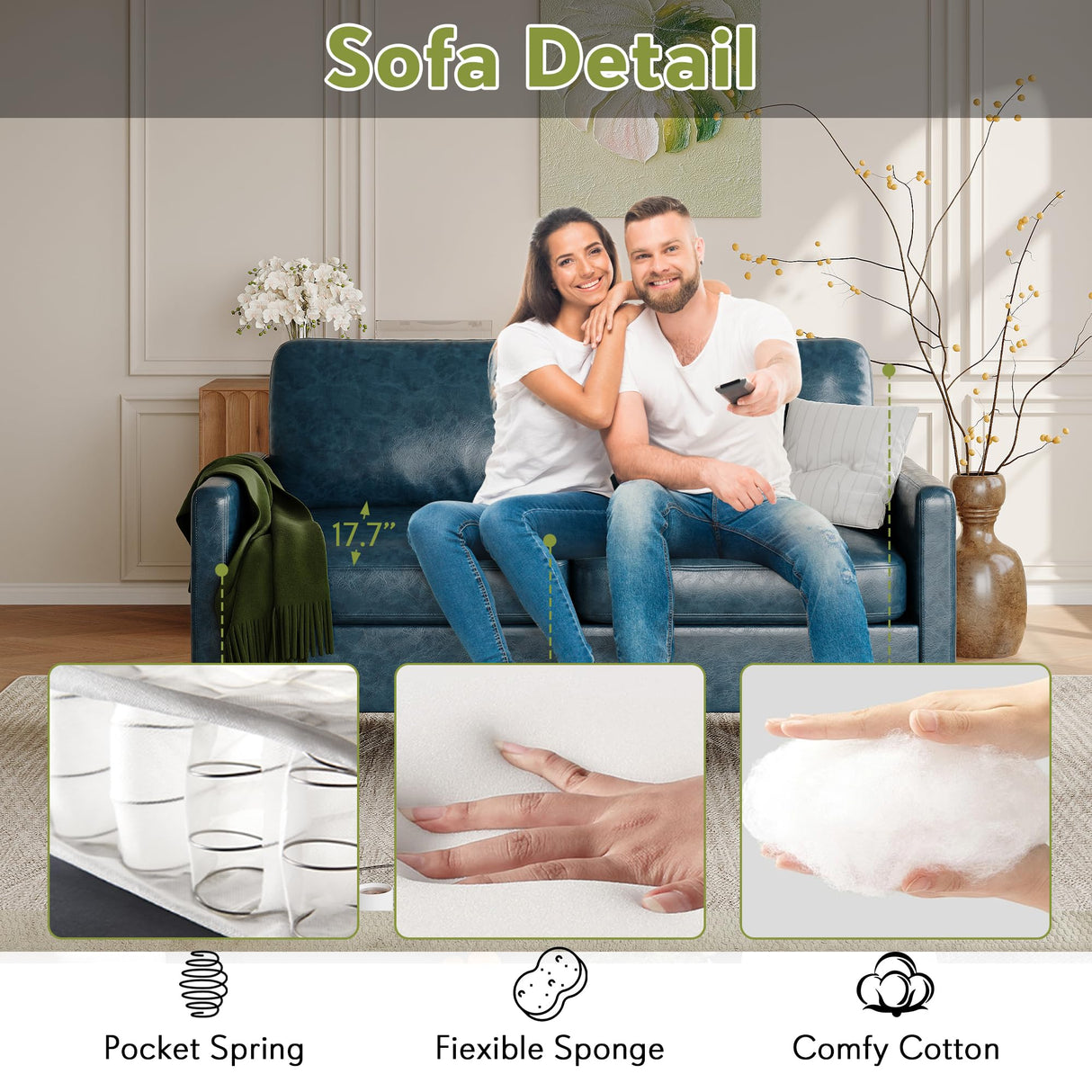 STHOUYN 57" W Faux Leather Loveseat w/ 2 USB, Small Loveseat Sofa w/Side Pockets, Wooden Frame Small Couch w/Metal Legs, Office Mini Couch for Dorm, Bedroom, Apartment (Blue, 2 Seater) STHOUYN