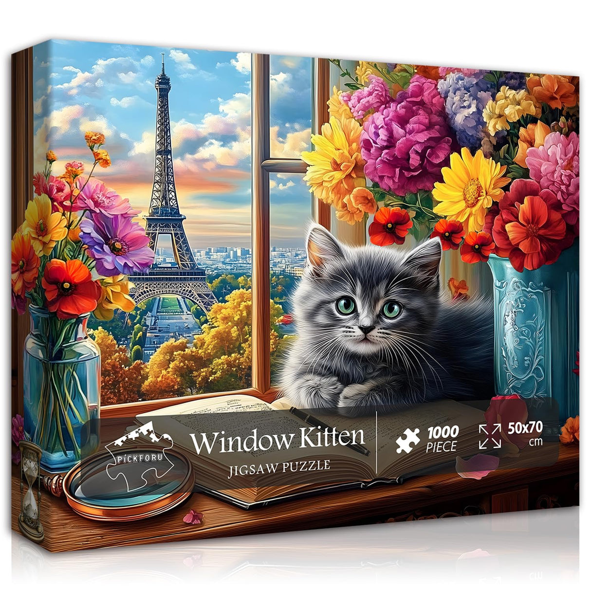 PICKFORU Cat Puzzles for Adults 1000 Pieces, Kitty Flower Book Puzzle，Eiffel Tower Kitten Jigsaw Puzzle Scenic, Animals Floral Jigsaw Puzzles for Adults PICKFORU