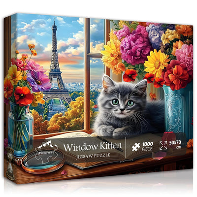 PICKFORU Cat Puzzles for Adults 1000 Pieces, Kitty Flower Book Puzzle，Eiffel Tower Kitten Jigsaw Puzzle Scenic, Animals Floral Jigsaw Puzzles for Adults