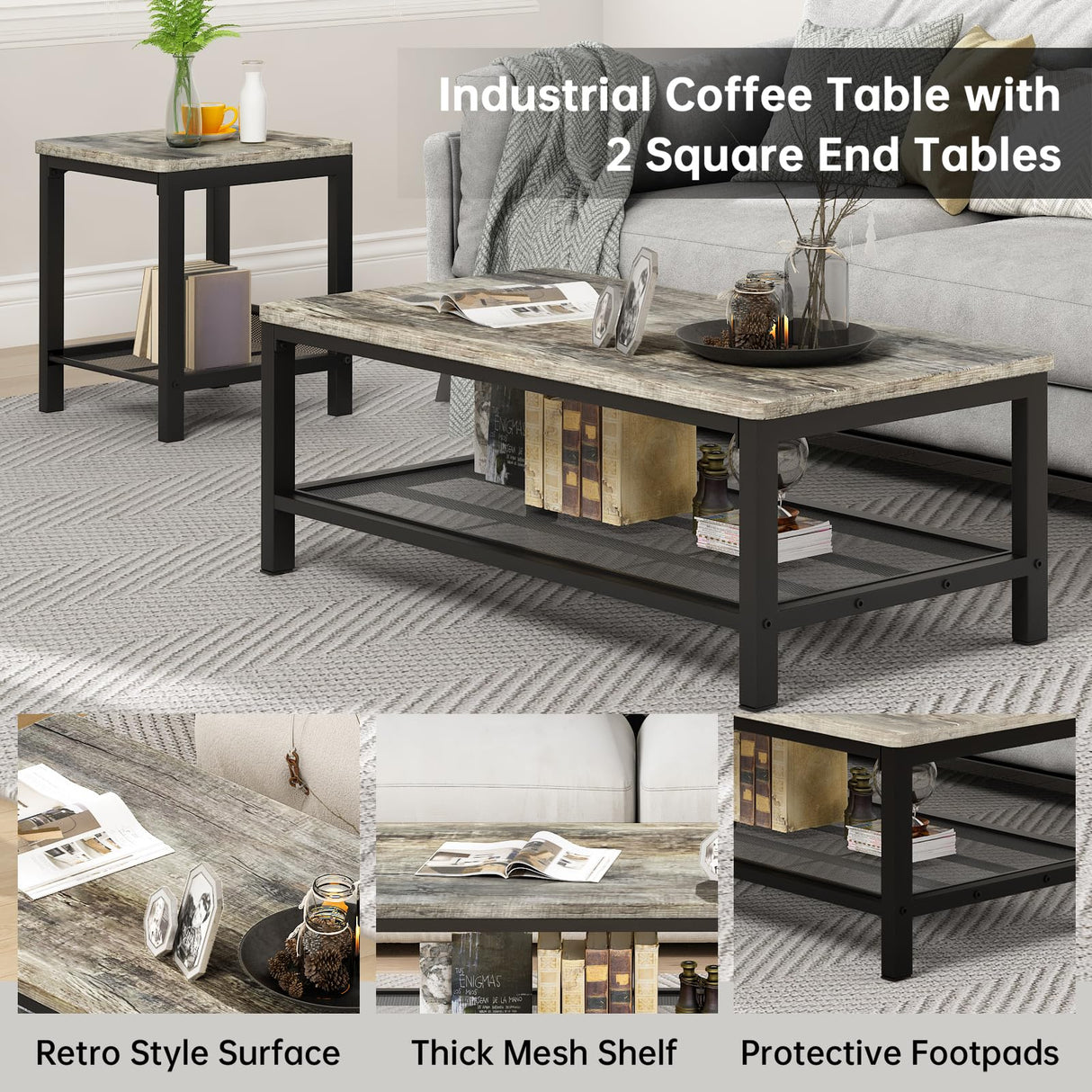 AWQM Coffee Table Set of 3, Industrial Coffee Table with 2 Square End Side Tables, Modern Living Room Table Set with Metal Frame for Apartment Home Office, Grey AWQM