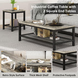 AWQM Coffee Table Set of 3, Industrial Coffee Table with 2 Square End Side Tables, Modern Living Room Table Set with Metal Frame for Apartment Home Office, Grey AWQM