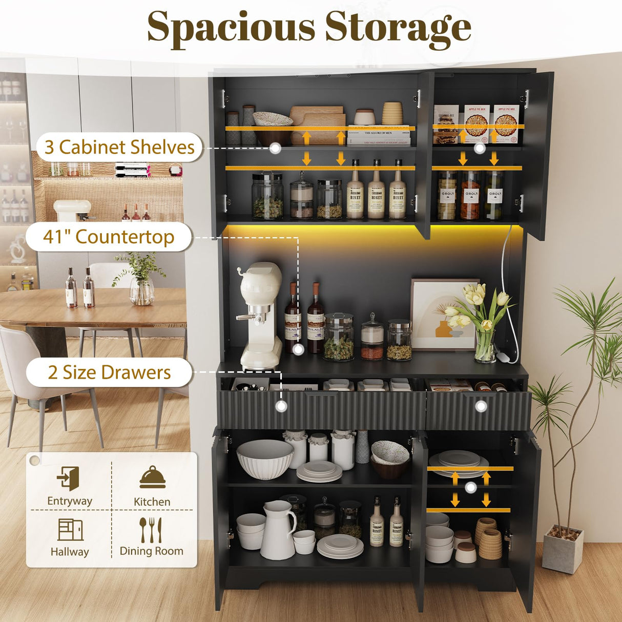 P.H.Furn 71" Pantry Cabinet, Kitchen Storage Cabinet with Drawers & Adjustable Shelf, Microwave Shelf, Kitchen Hutch with LED Light & Outlets for Dining Room/Entry/Hallway (Black) P.H.Furn