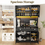 P.H.Furn 71" Pantry Cabinet, Kitchen Storage Cabinet with Drawers & Adjustable Shelf, Microwave Shelf, Kitchen Hutch with LED Light & Outlets for Dining Room/Entry/Hallway (Black) P.H.Furn