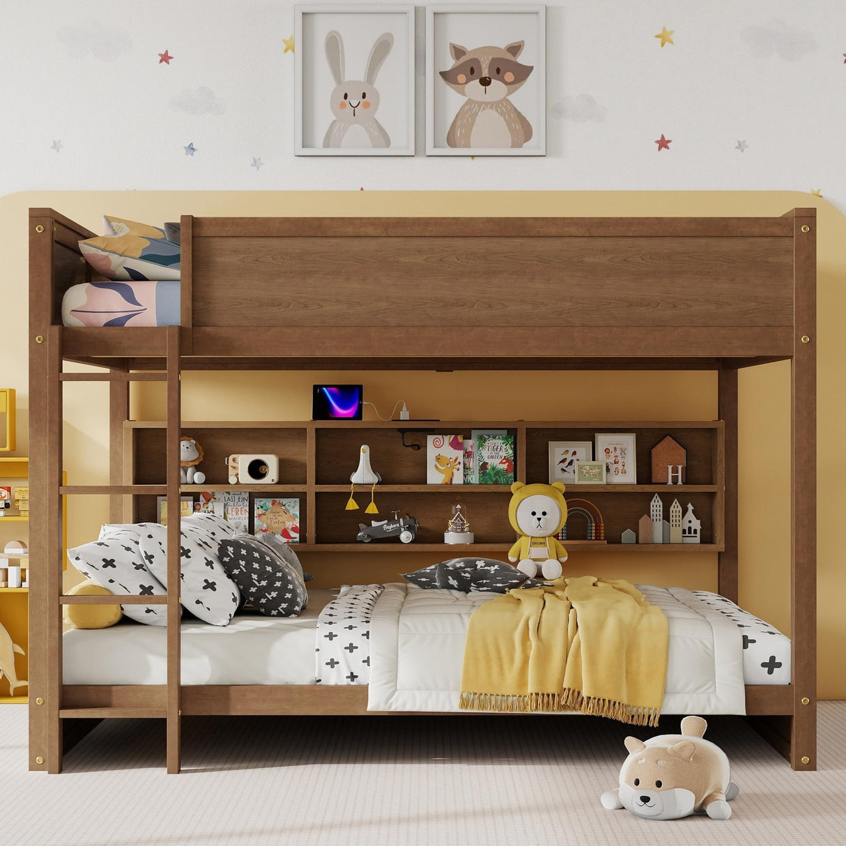 Ball & Cast Queen Over Queen Bunk Bed with Built-in Storage Cabinets and Guardrails,Wood Bunbed w/Charging Station & Ladder,Full-Length Guard Rail,Slat Support,Bedroom Furniture for Student,Wheat Ball & Cast