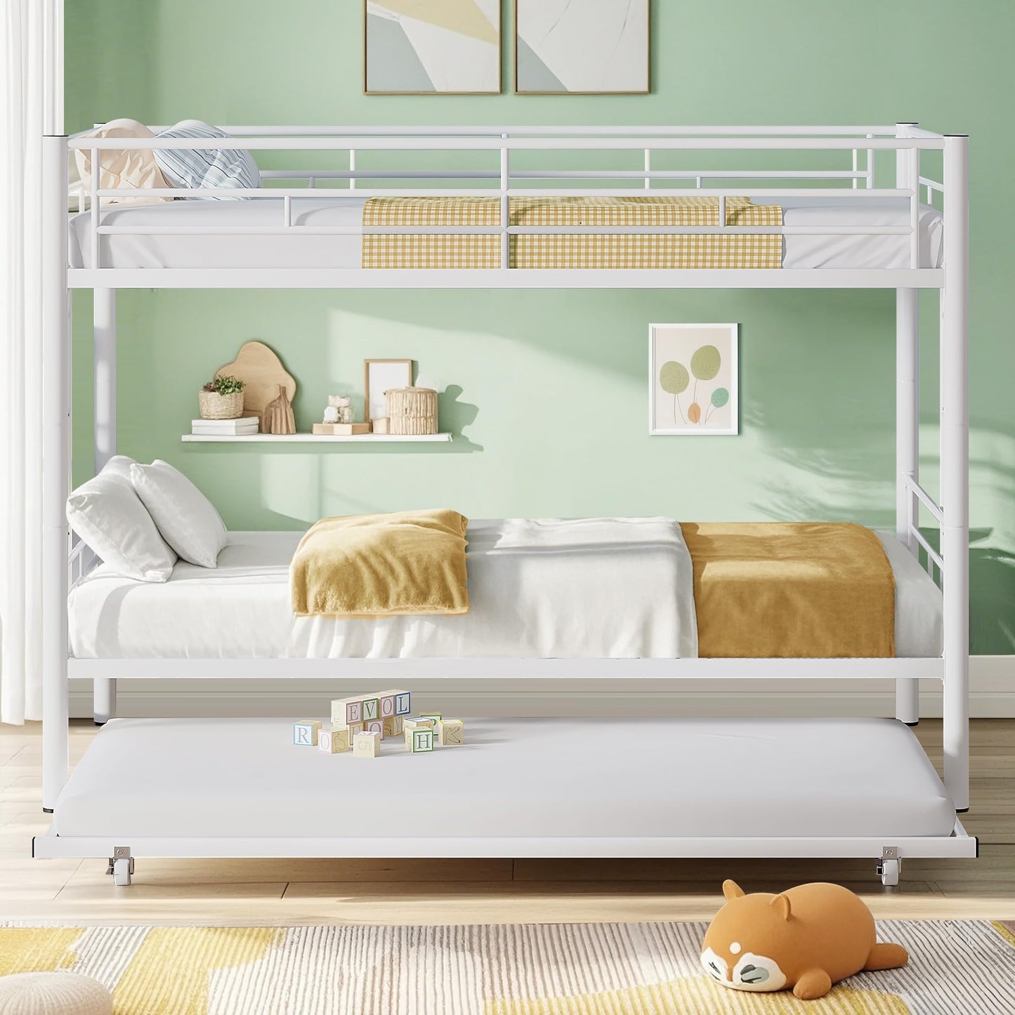 VECELO Twin Over Twin Bunk Bed with Trundle, Convertible Metal Bunkbeds with 2 Ladders and Guardrails, Space Saving, No Box Spring, White