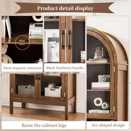 70.9'' Tall Arched Kitchen Pantry, Modern Farmhouse Wood Kitchen Pantry Storage Cabinets with Acrylic Glass Doors and Shelves, Versatile Cupboard for Dining Room, Bathroom, Living Room (Walnut) Limaoaio