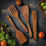 Handmade Wooden Cooking Utensils, Premium Natural Teak Wood Turner Set for Any Cookware, Long Handle Nonstick Spatula for Kitchen Use, Set of 4 AIUHI