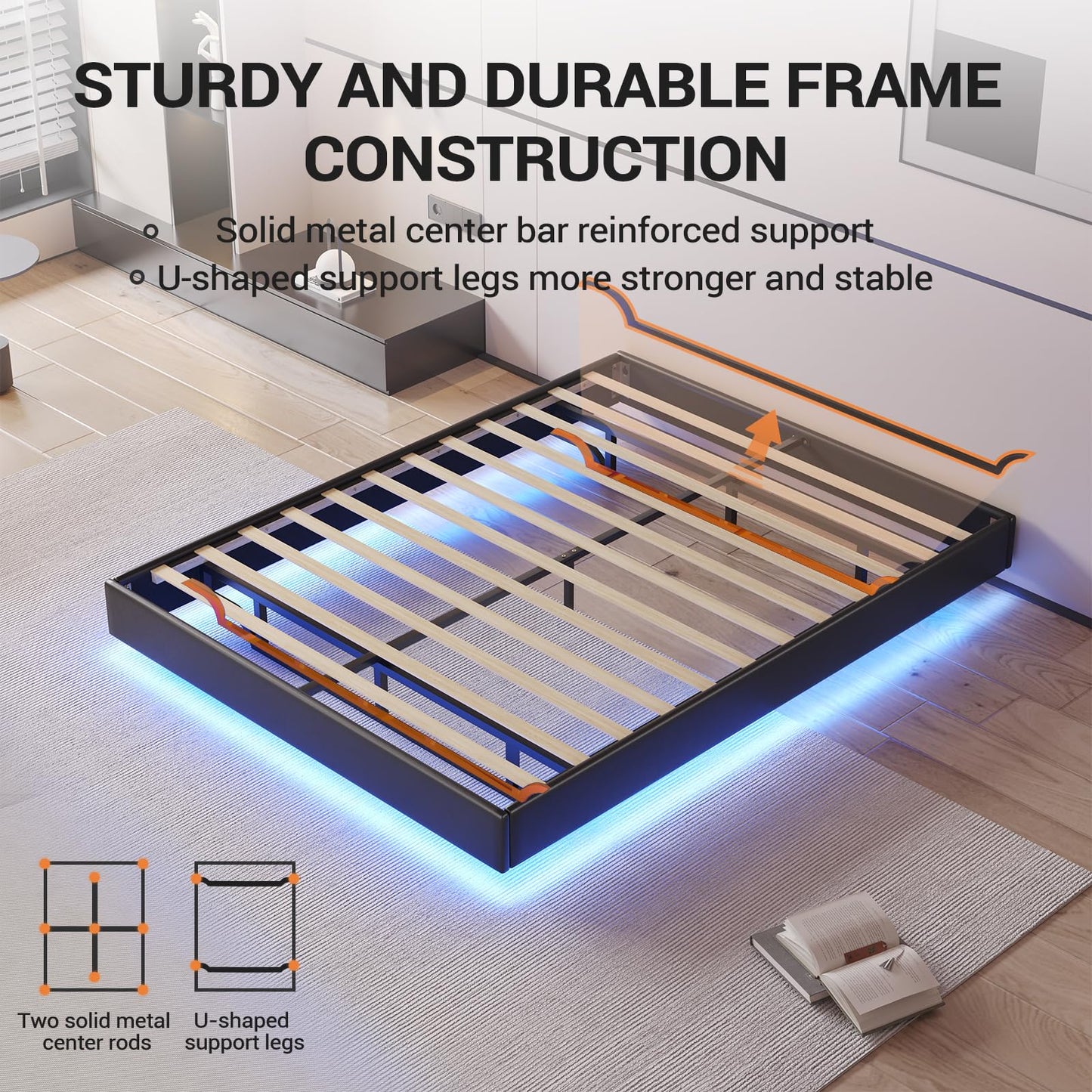 Hasuit Floating Queen Bed Frame with LED Lights - Modern Black Platform Design, No Box Spring Needed - WoodArtSupply