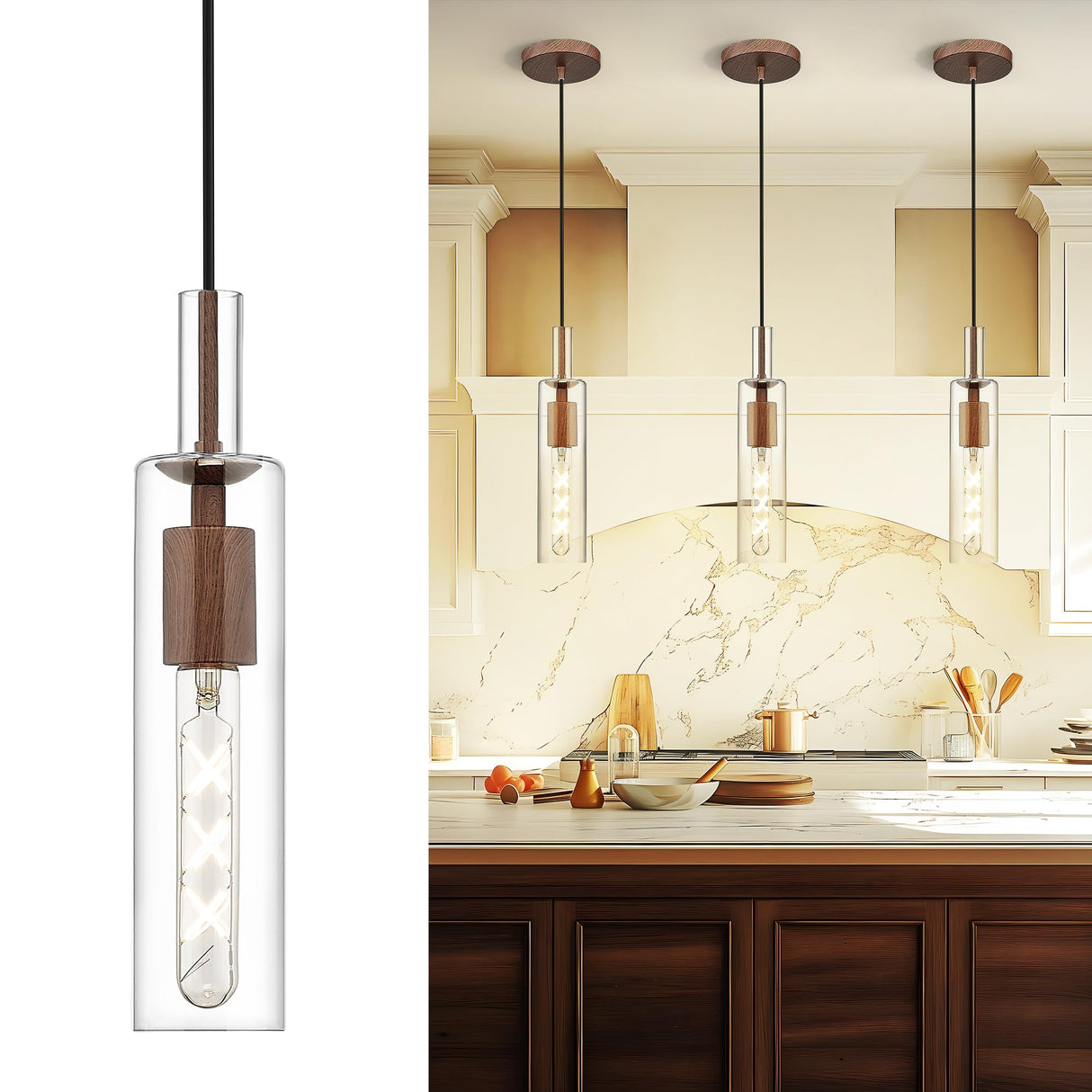 AUTELO Farmhouse Pendant Lights Kitchen Island, 1-Light Pendant Light Fixtures, Dark Wood Grain Hanging Lamp with Clear Cylinder Glass, Pendant Lighting for Kitchen Island, Dining Room, H3875 DW AUTELO