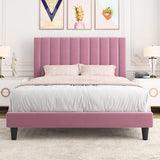 Allewie Queen Platform Bed Frame/Velvet Upholstered Bed Frame with Vertical Channel Tufted Headboard/Strong Wooden Slats/Mattress Foundation/Box Spring Optional/Easy Assembly/Pink Allewie