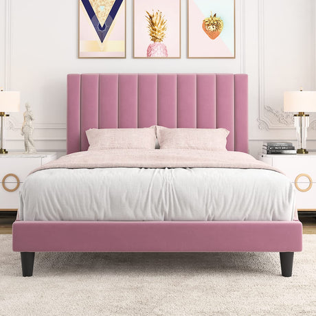 Allewie Queen Platform Bed Frame/Velvet Upholstered Bed Frame with Vertical Channel Tufted Headboard/Strong Wooden Slats/Mattress Foundation/Box Spring Optional/Easy Assembly/Pink Allewie