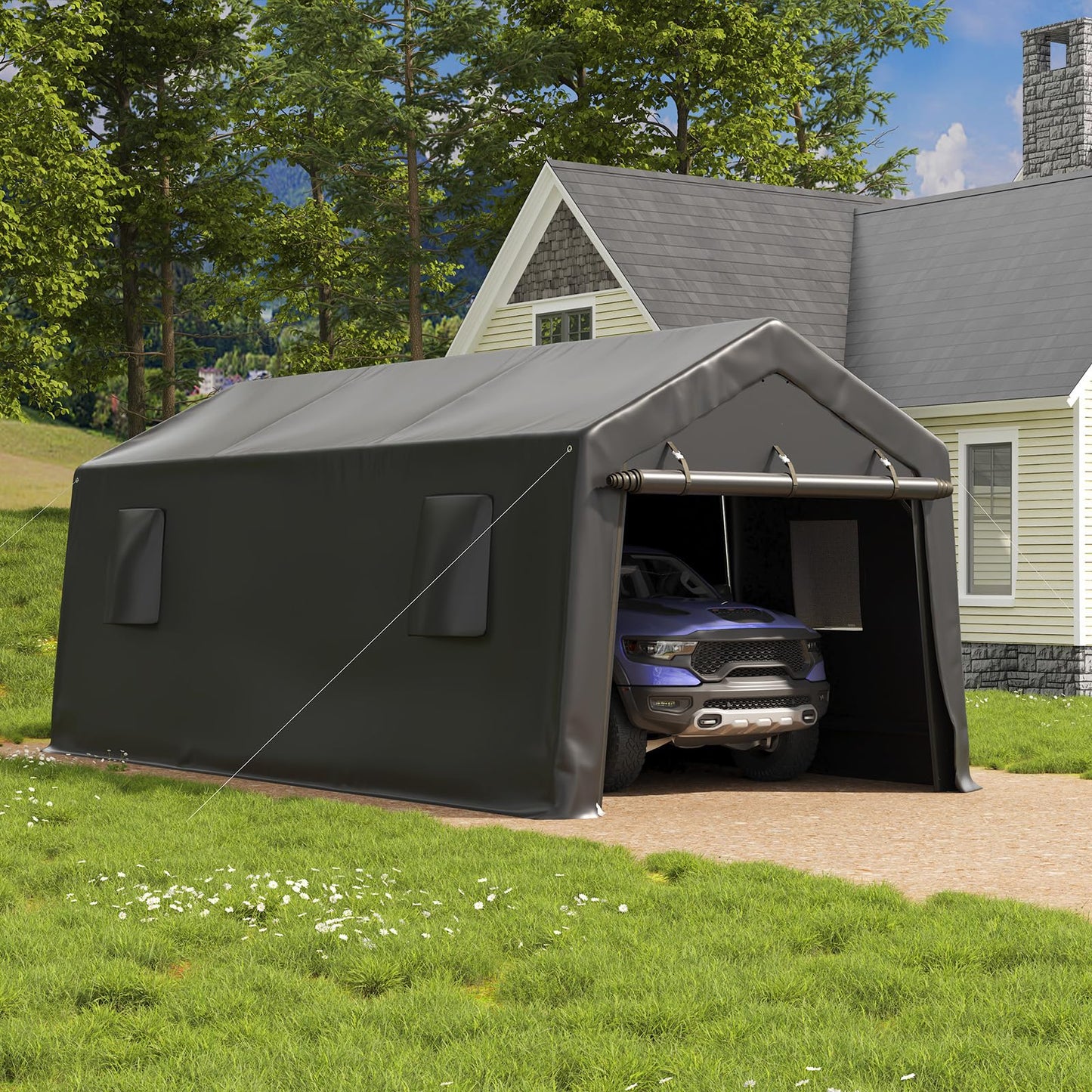 UDPATIO 10x20 FT Carport Heavy Duty, Peak Roof Portable Garage Waterproof Anti-Snow UV-Resistant Car Port with Roll-up Doors Galvanized Steel Tube Frame Storage for Vehicle Truck Boat, Black