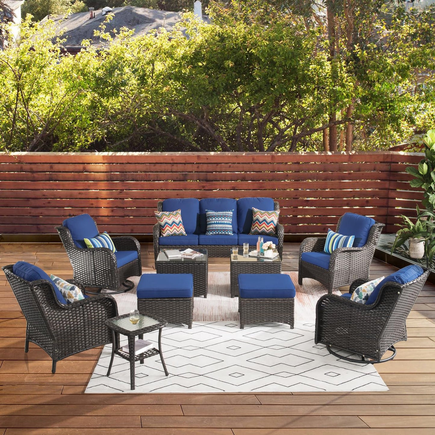 ovios Outdoor Furniture Set 10 Pieces Patio Conversation Set Rocking Swivel Chairs All Weather Rattan Wicker Sofa Couch for Backyard Porch Deck, Brown Wicker, Navy Blue - WoodArtSupply