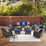 ovios Outdoor Furniture Set 10 Pieces Patio Conversation Set Rocking Swivel Chairs All Weather Rattan Wicker Sofa Couch for Backyard Porch Deck, Brown Wicker, Navy Blue ovios