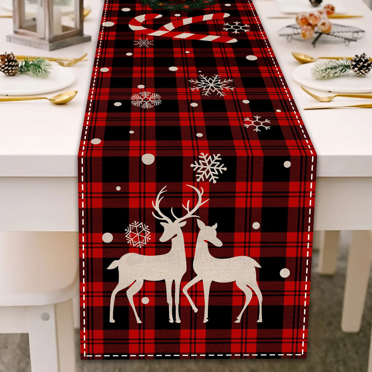 Buffalo Plaid Christmas Table Runner 13" x 72" Long Linen Xmas Reindeer Table Runner Christmas Decoration, Joy Apatsp
