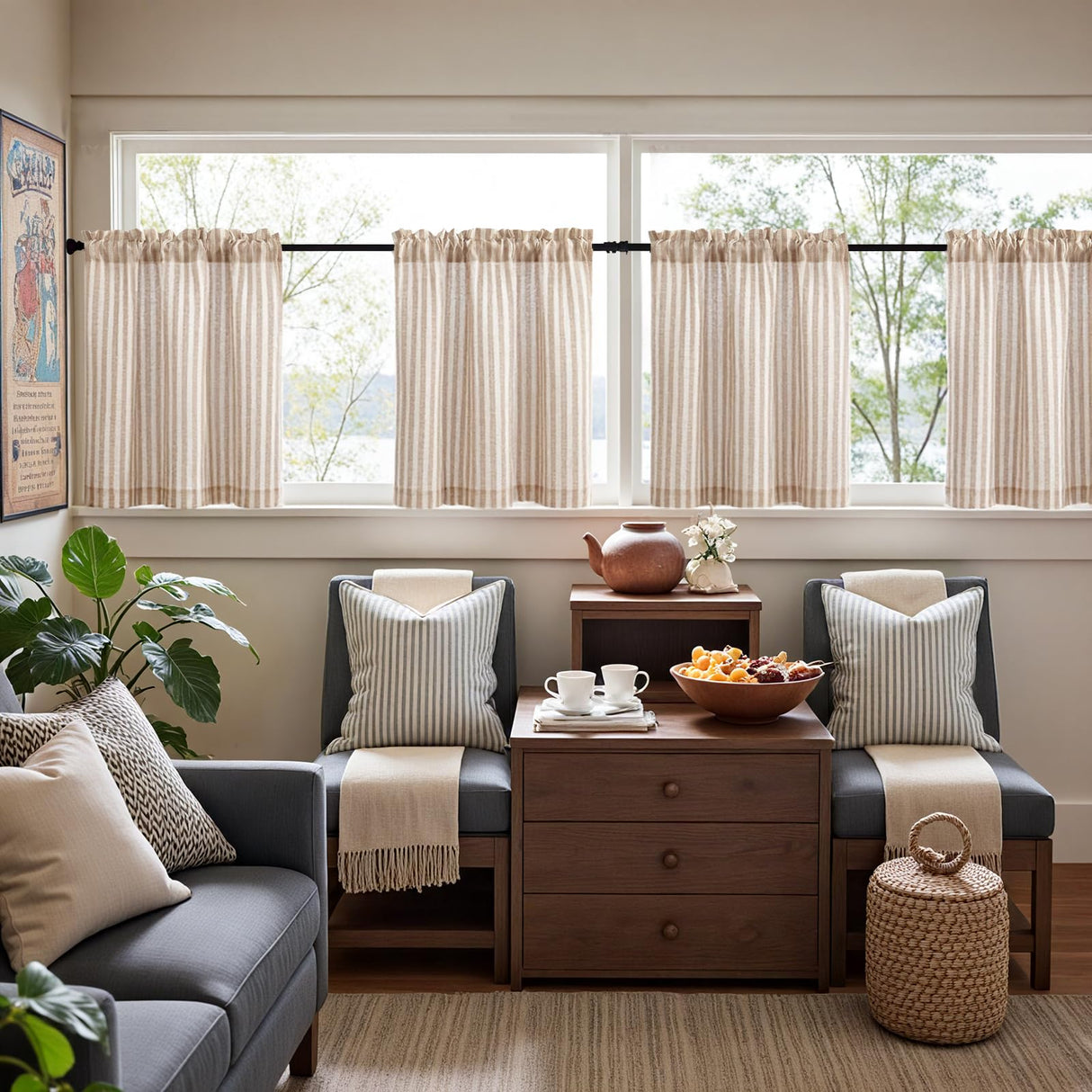 jinchan Striped Linen Kitchen Curtains 24 Inches Length Tier Curtains Farmhouse Modern Cafe Style Small Window Treatments Airy Light Filtering Rod Pocket for Living Room Bathroom 2 Panels Tan jinchan