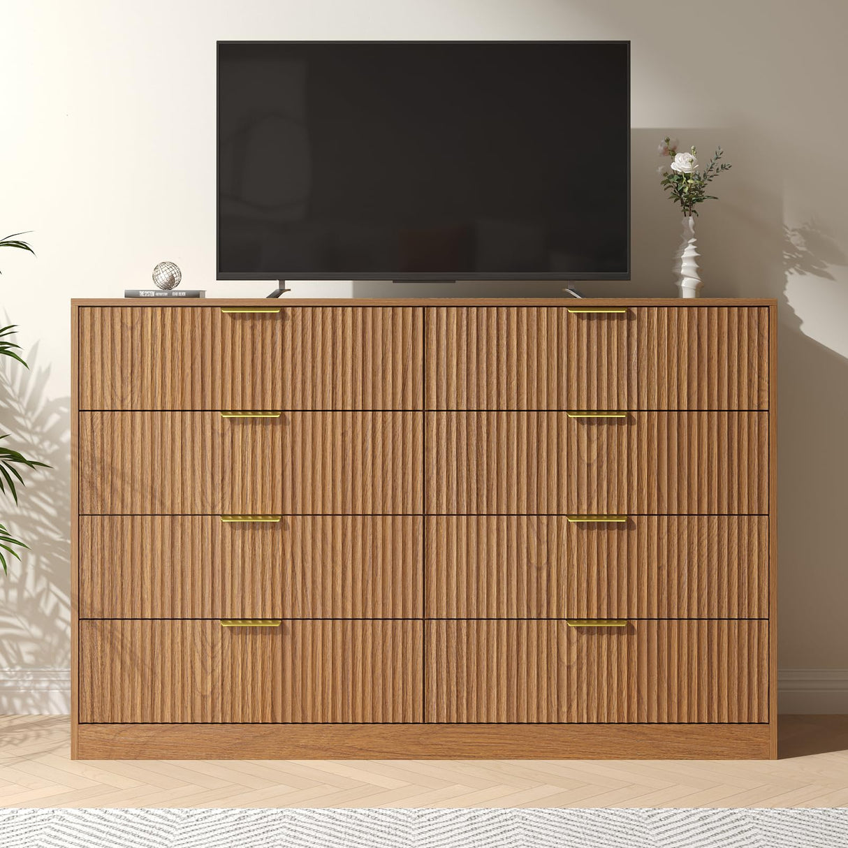 NOVAMAISON Fluted Dresser for Bedroom with 8 Drawer, 55” Wide Wooden Dresser Mid Century Chest of Drawers w/Gold Handle, Fluted Dressers TV Stand Closet Storage Organizer for Living Room, Natural Oak NOVAMAISON