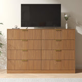 NOVAMAISON Fluted Dresser for Bedroom with 8 Drawer, 55” Wide Wooden Dresser Mid Century Chest of Drawers w/Gold Handle, Fluted Dressers TV Stand Closet Storage Organizer for Living Room, Natural Oak NOVAMAISON