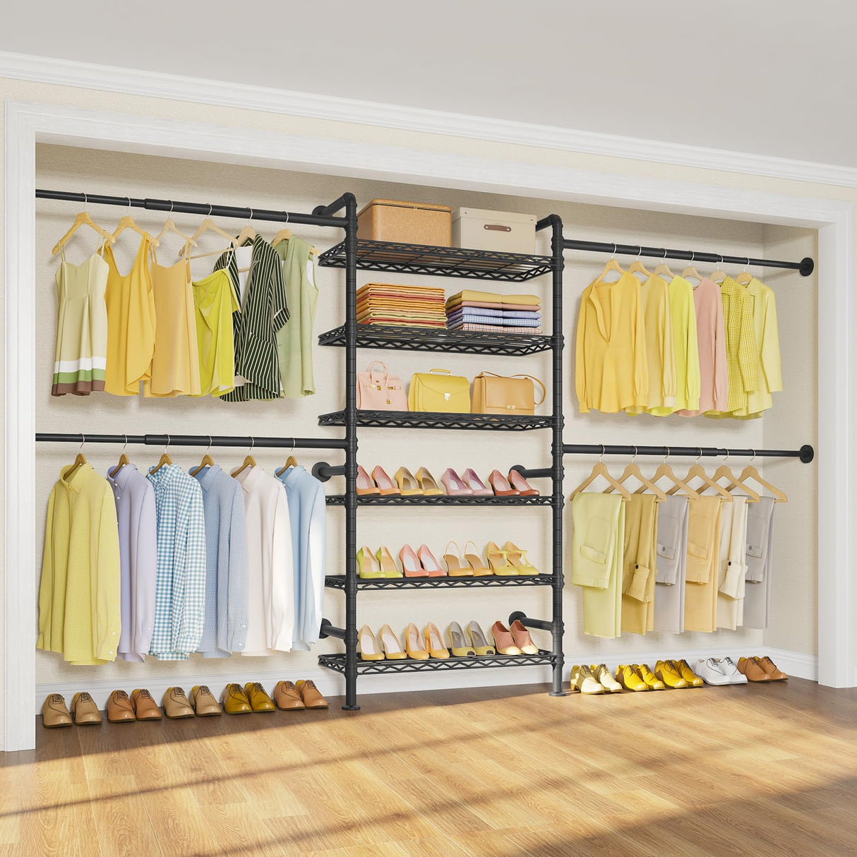 Timate P3 Closet System, Expandable Wall Mounted Closet System with 6 Adjustable Shelves & 4 Expandable Hanger Rods, Industrial Pipe Clothing Rack for Hanging Clothes, Fits Spaces 6'4"-9'3", Black Timate
