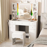 White Vanity Desk with LED Mirror,Makeup Vanity with Charging Station & RGB Lights,5 Drawers 4 Shelves Makeup Desk Vanity Table Stool Set with Glass Table Top & Time Display Lights, White Halitaa