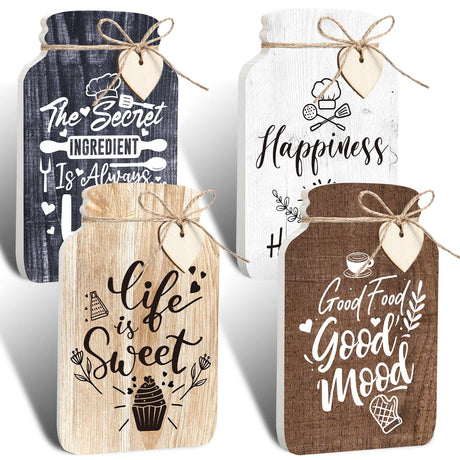 Weysat 4 Pieces Kitchen Wall Decor Mason Jar Set 5 x 8 Inch Wooden Farmhouse Dining Room Art Rustic Inspirational Kitchen Signs Decorations Mason Jar Wall Hanging Plaque Weysat