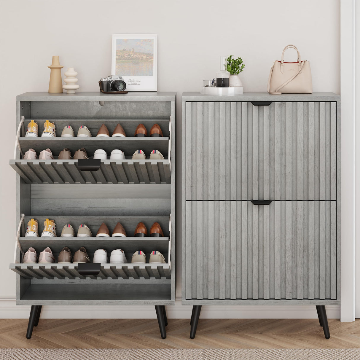 Smuxee Shoe Cabinet with 2 Flip Drawers, 23.6" Grey Hidden Shoe Storage Cabinet with Fluted Design, Freestanding Shoe Organizer Cabinet for Entryway, Hallway, Living Room, Closet Smuxee