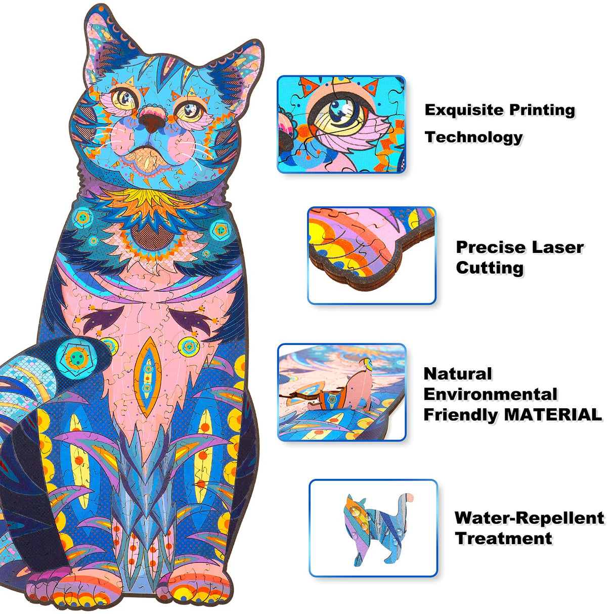 Wooden Puzzles for Adults, Wooden Blue Cat Jigsaw Puzzles with Animal Shaped Pieces, Unique Wood Cat Shape Puzzle for All Ages, Ideal for Challenging and Gift (6.1×11 inches) 100 pcs - S Tryuunion