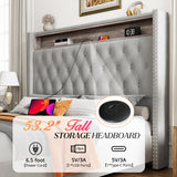 Jocisland King Size Bed Frame 53.6'' Tall Headboard LED Lights and Charging Station, Velvet High Upholstered Platform Bed Wingback Storage, No Box Spring Needed, No Motion Light Under Bed, Light Gray Jocisland