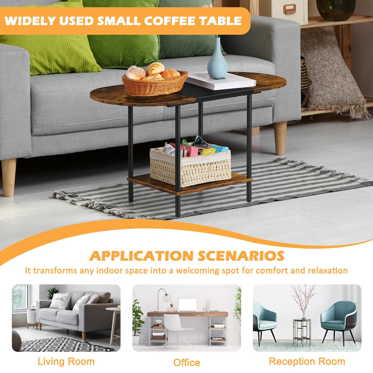 ETELI Small Round Coffee Tables for Small Space Farmhouse Oval Coffee Table with 2-Tier Storage Shelf Circle Center Tea Table for Living ETELI