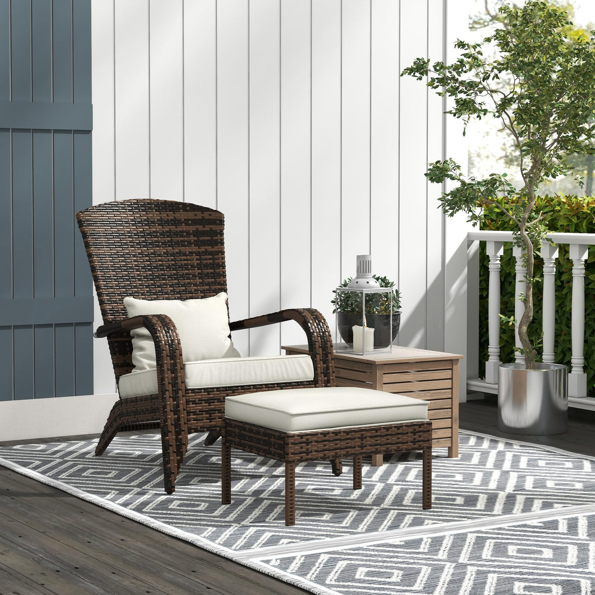 Outsunny Patio Wicker Adirondack Chair with Ottoman, Outdoor Fire Pit Chair with Cushions, High-Back, Large Seat & Armrests for Deck, Garden & Backyard, Cream White Outsunny