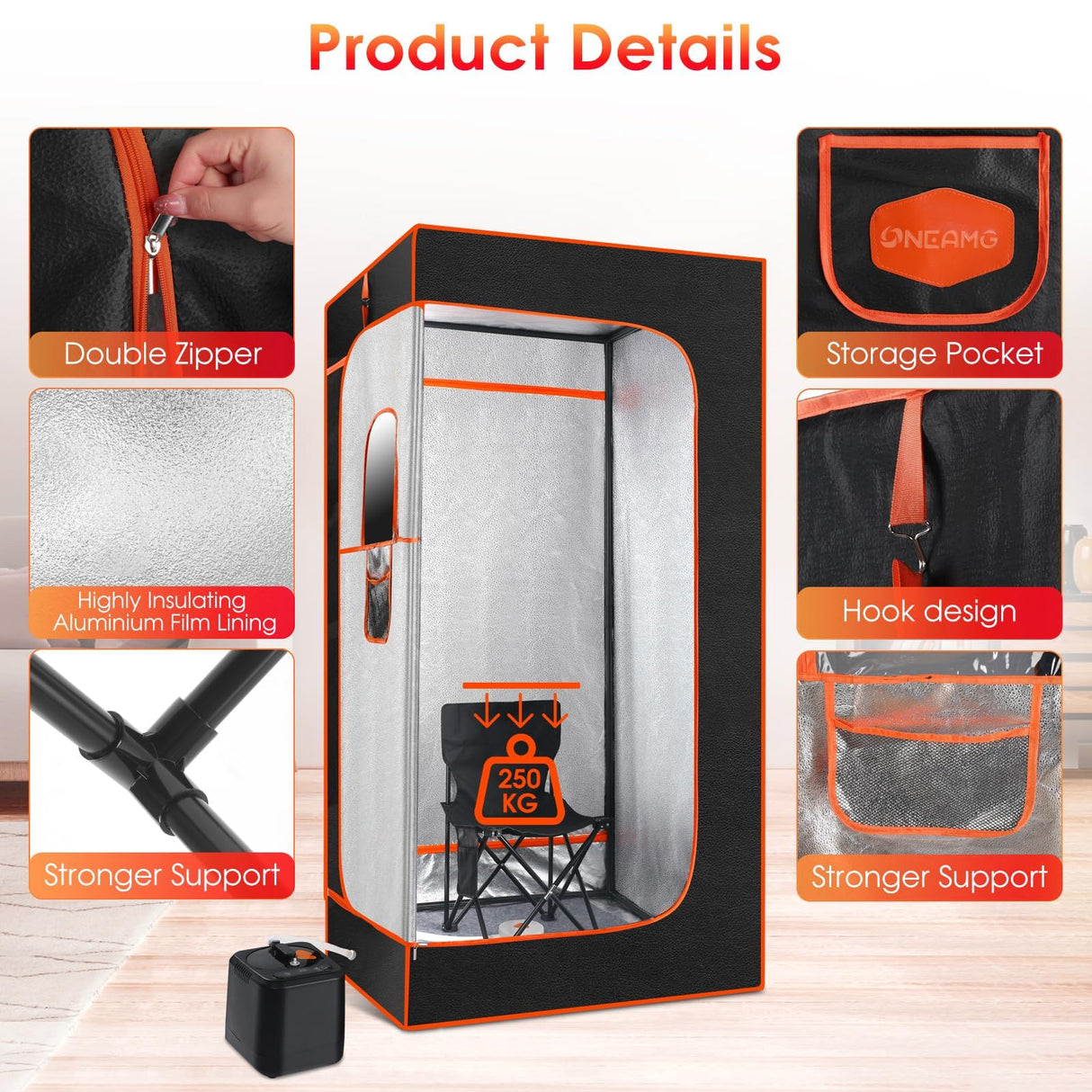 OneAmg Sauna, Portable Sauna Box, Portable Sauna for Home, Steam Sauna with 3L 1000W Steamer, Remote Control, Folding Chair, Home Sauna Tent for Gym Yoga, Pilates, Hot Tub OneAmg