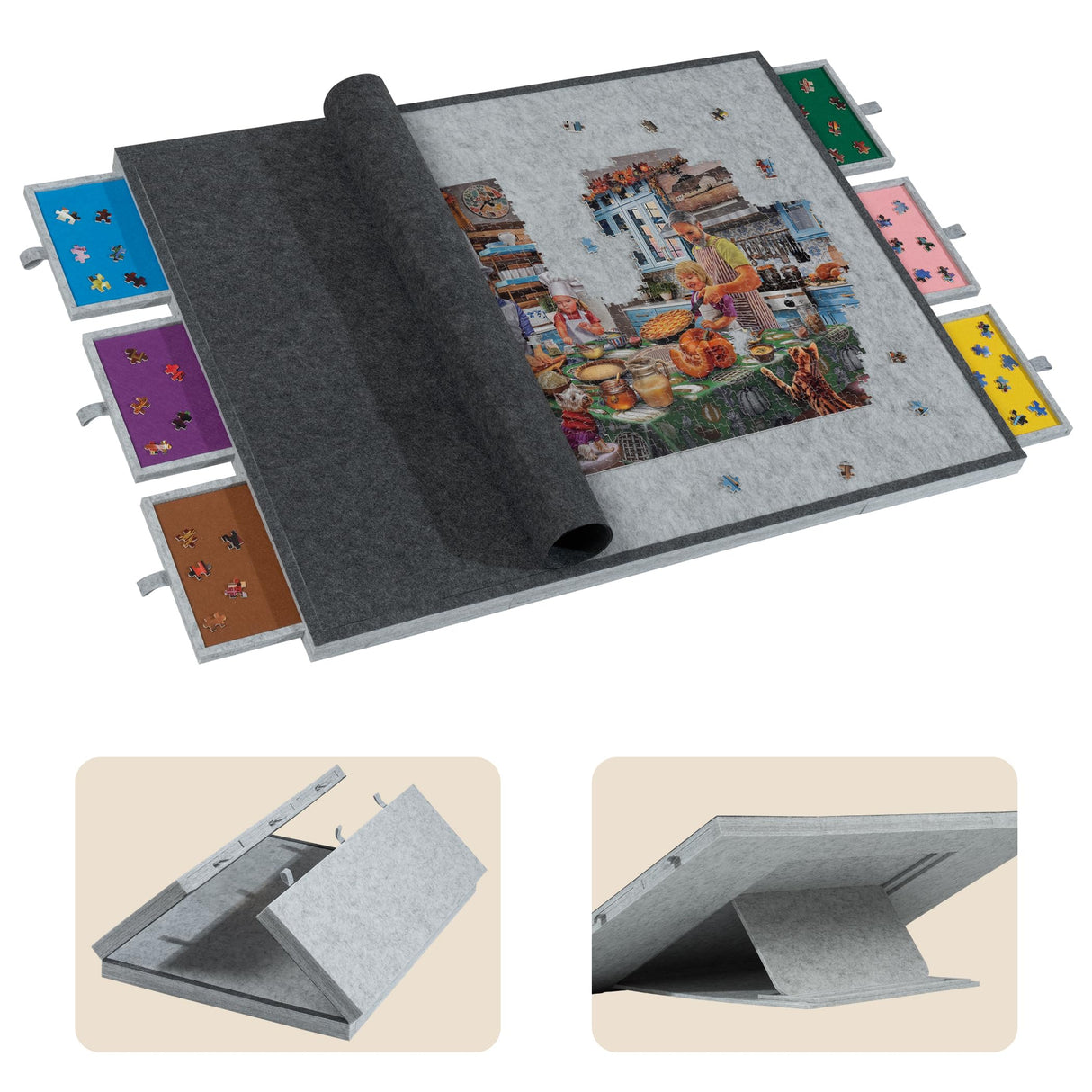 Tektalk 2000 Piece Foldable Jigsaw Puzzle Table with Cover, 3-Tilting-Angle Plateau, Lightweight Portable Felt Puzzle Board with 6 Sorting Drawers (Light Gray) Tektalk