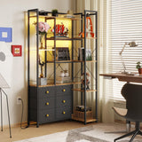 AFLUI Corner Bookshelf with LED Lights & 6 Fabric Drawers, 5-Tier Industrial L-Shaped Bookcase with Acrylic Display Shelf for Living Room, Office AFLUI