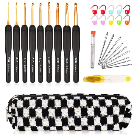 Aeelike 31pcs Crochet Hook Set, Black Gold Crochet Hooks Ergonomic with Grips for Arthritic Hands, Crochets Needles Set with Knitting & Crochet Supplies, Ideal Gift for Crocheting Beginner Lover Aeelike